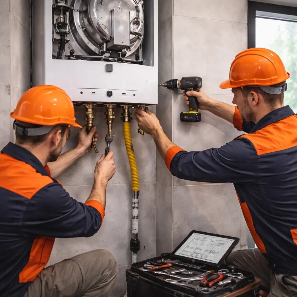Professional construction site showing high-end apartment renovation with architectural lighting, exposed materials, and modern structural precision tools