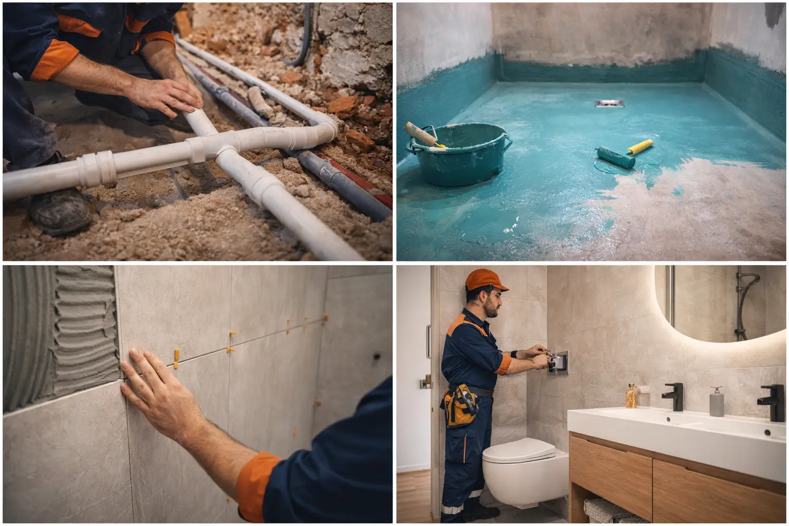 Professional construction site showing high-end apartment renovation with architectural lighting, exposed materials, and modern structural precision tools