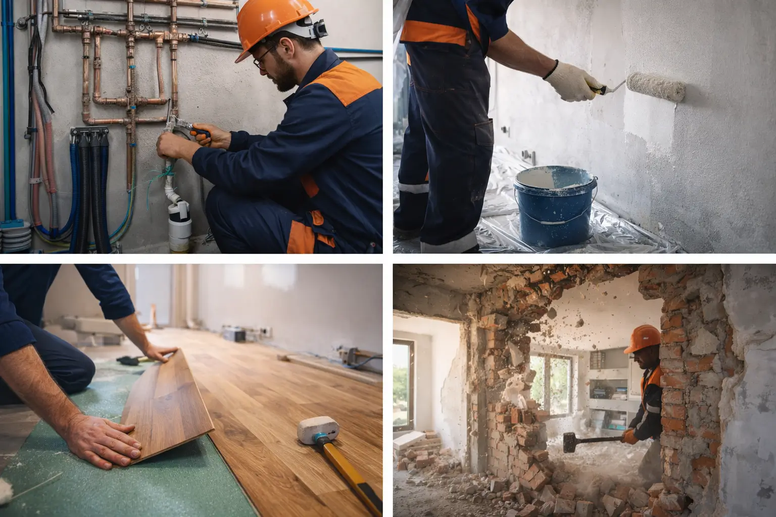 Professional construction site showing high-end apartment renovation with architectural lighting, exposed materials, and modern structural precision tools