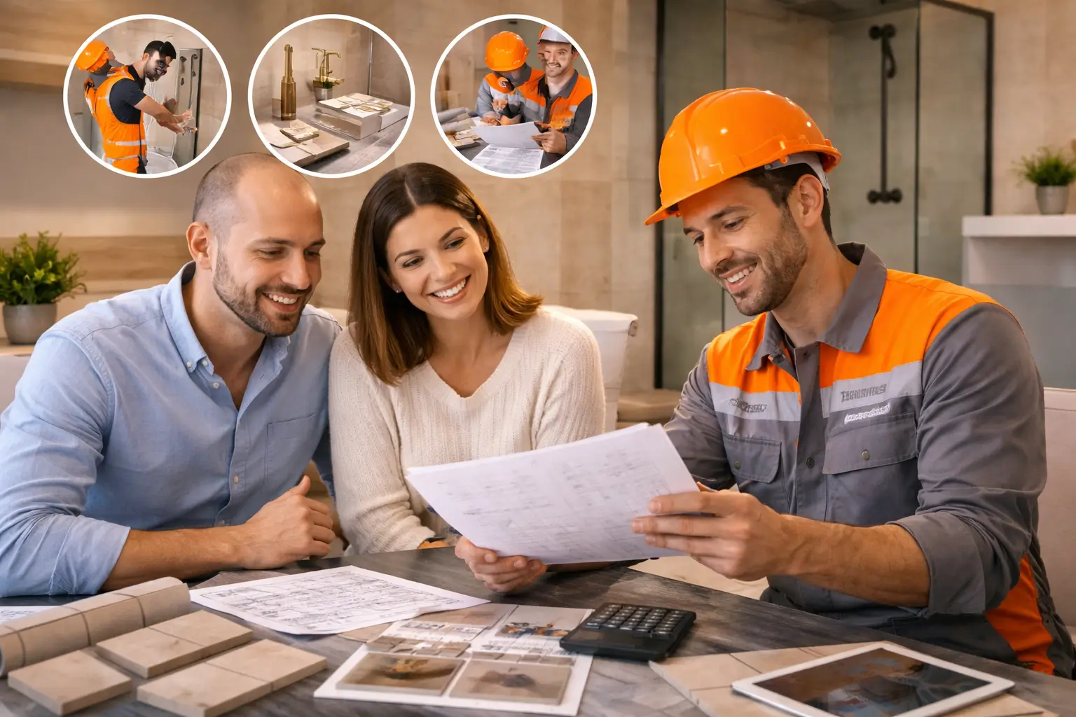 Professional construction site showing high-end apartment renovation with architectural lighting, exposed materials, and modern structural precision tools
