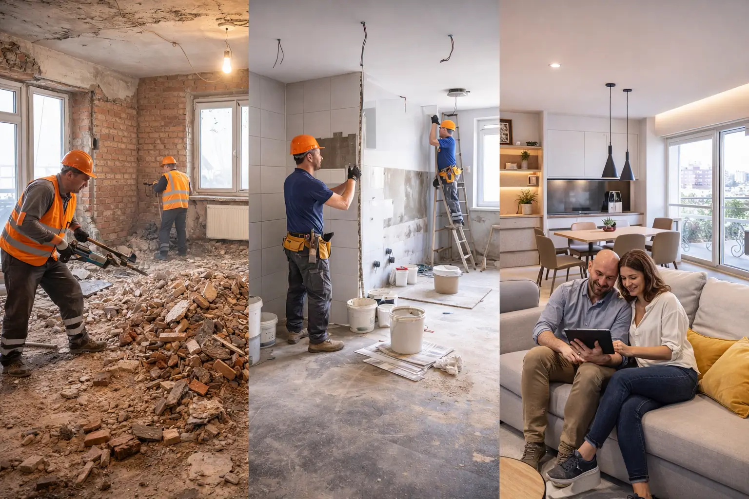 Professional construction site showing high-end apartment renovation with architectural lighting, exposed materials, and modern structural precision tools
