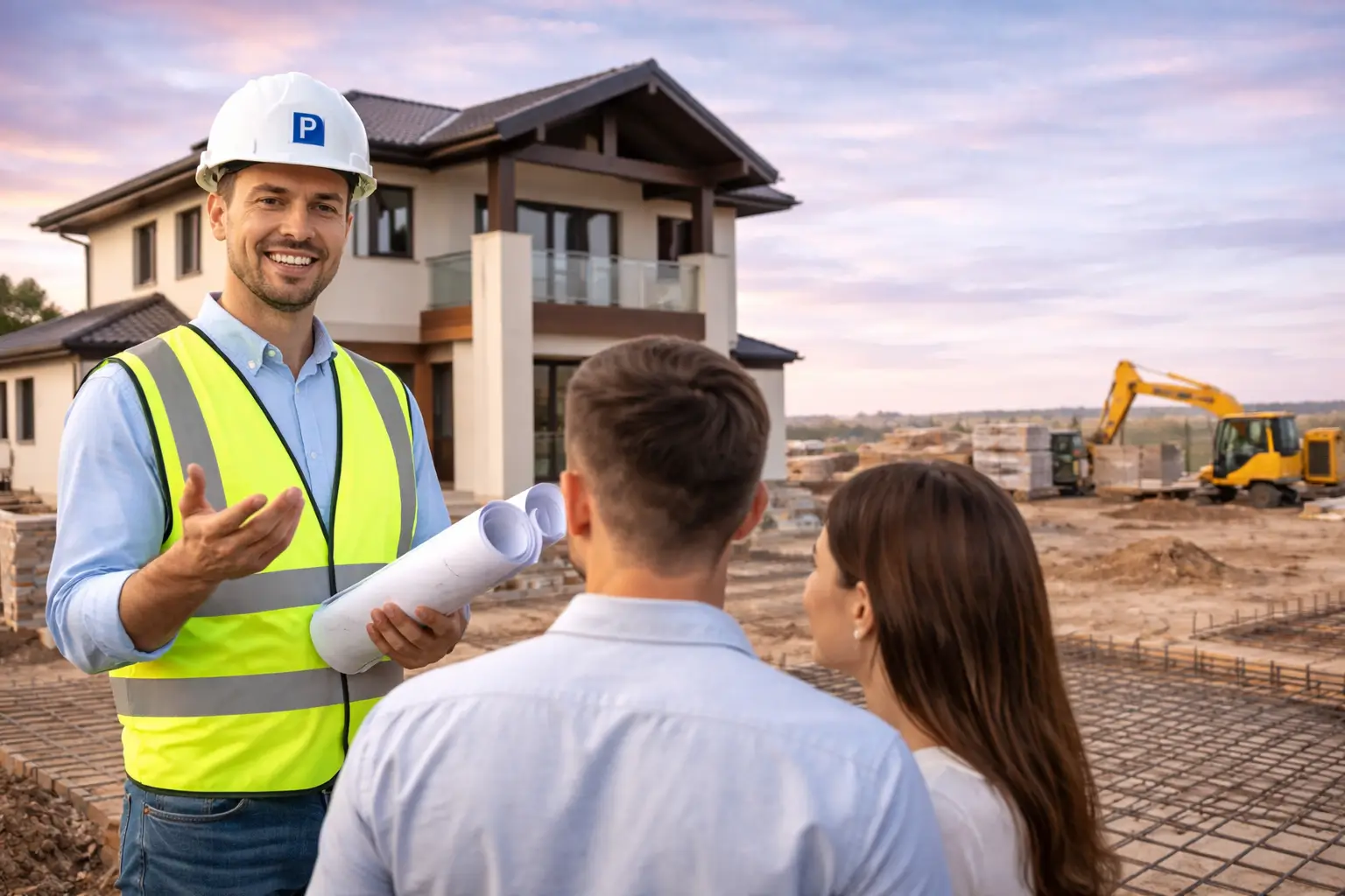 Professional construction site showing high-end apartment renovation with architectural lighting, exposed materials, and modern structural precision tools