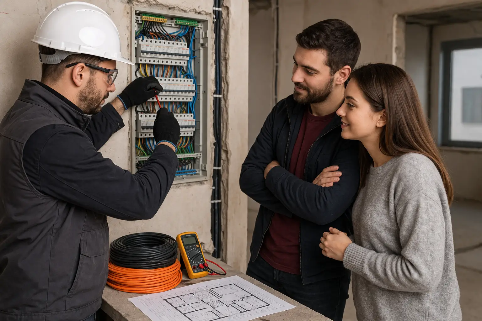 Professional construction site showing high-end apartment renovation with architectural lighting, exposed materials, and modern structural precision tools